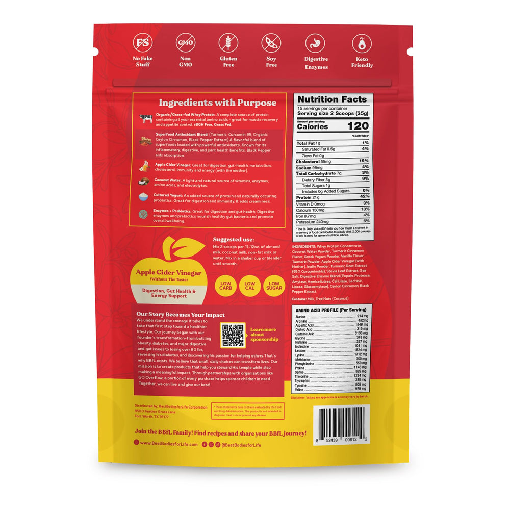 BBfL grass-fed whey product image emphasizes clean ingredients and quality protein.