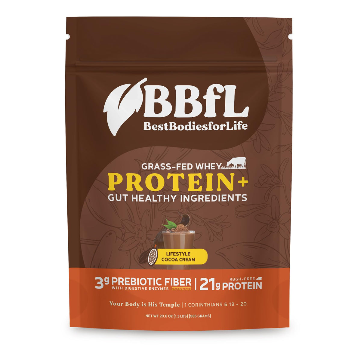 BBfL Grass-Fed Whey tub in cocoa cream supports lean muscle with clean protein.