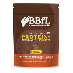 BBfL Grass-Fed Whey tub in cocoa cream supports lean muscle with clean protein.