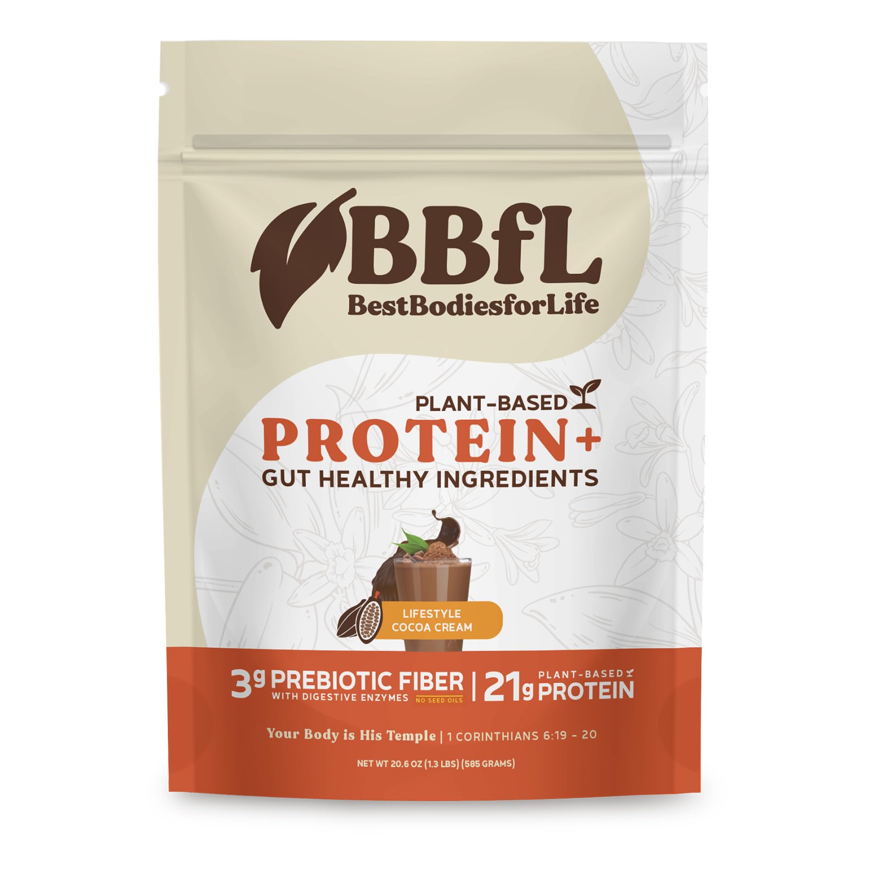 BBfL plant-based protein shake bottle — rich cocoa flavor for post-workout recovery.