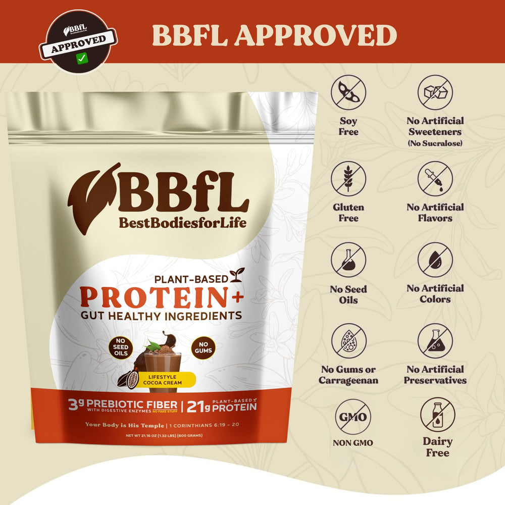 BBfL Proteína vegetal cacao crema con fibra prebiótica para salud intestinal.