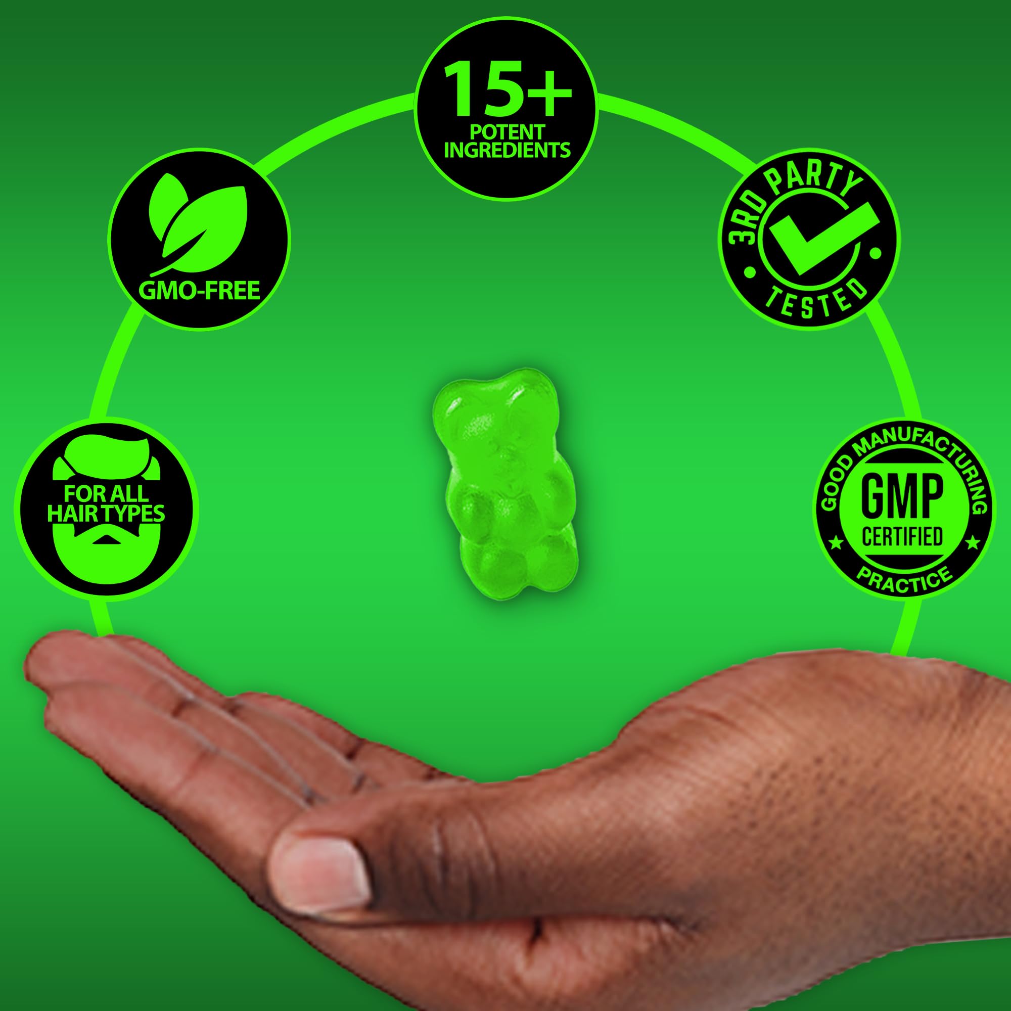Gummies label on BBS Best Beard Stuff showing 620,000 mcg biotin content.