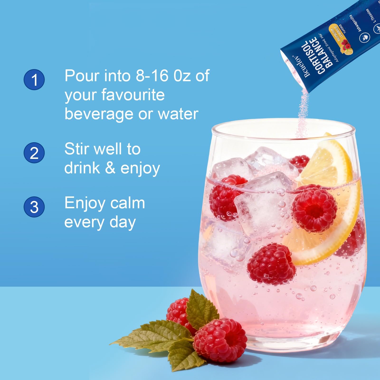 Bcuelov Cortisol Drink Mix ingredients include magnesium glycinate for relaxation support.