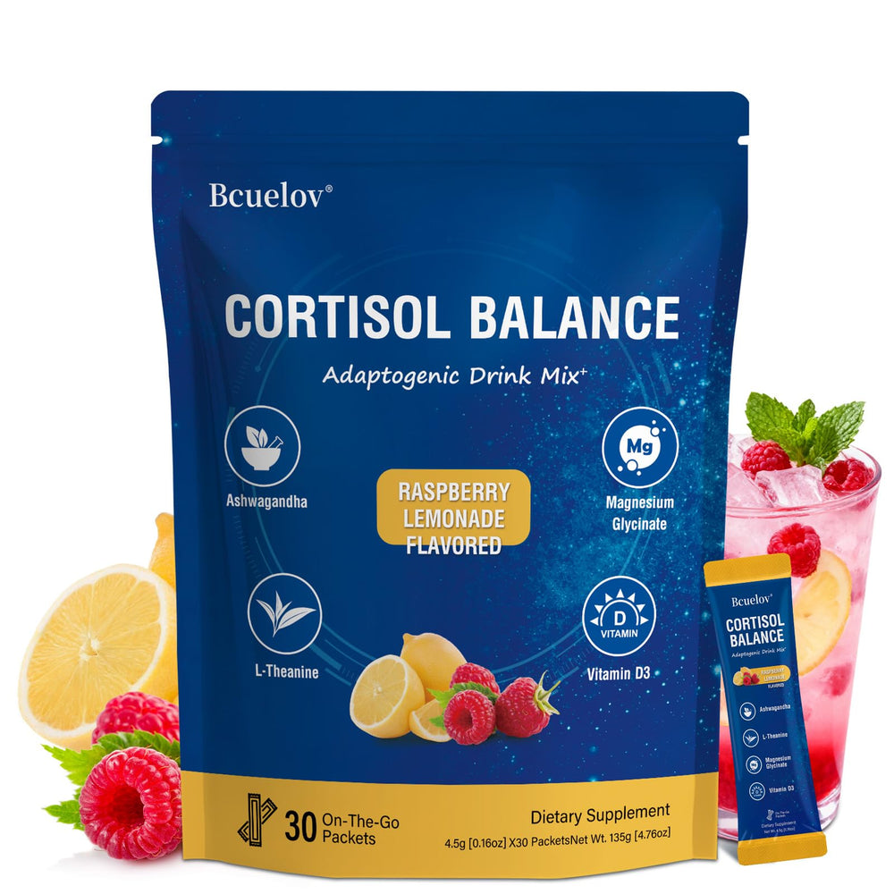 Bcuelov Cortisol Drink Mix in raspberry lemonade glass for a refreshing relaxation ritual.