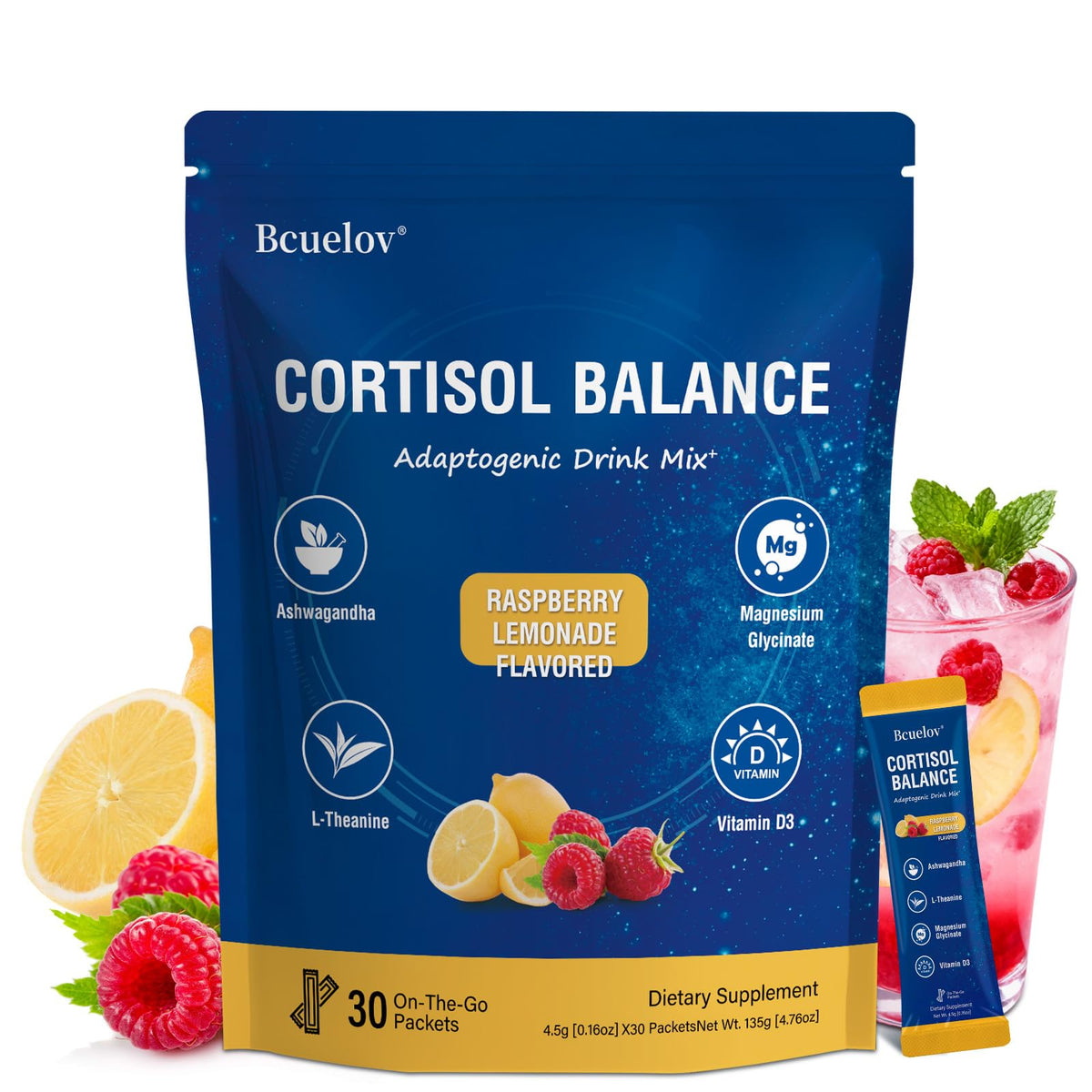 Bcuelov Cortisol Drink Mix in raspberry lemonade glass for a refreshing relaxation ritual.