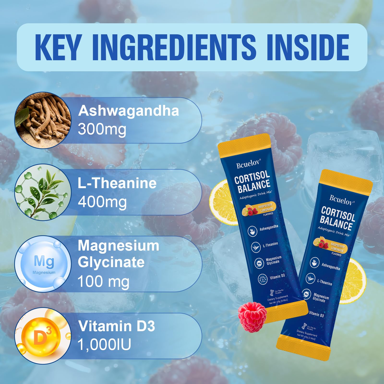Bcuelov Cortisol Drink Mix stick packs enable easy, mess-free wellness on busy days.