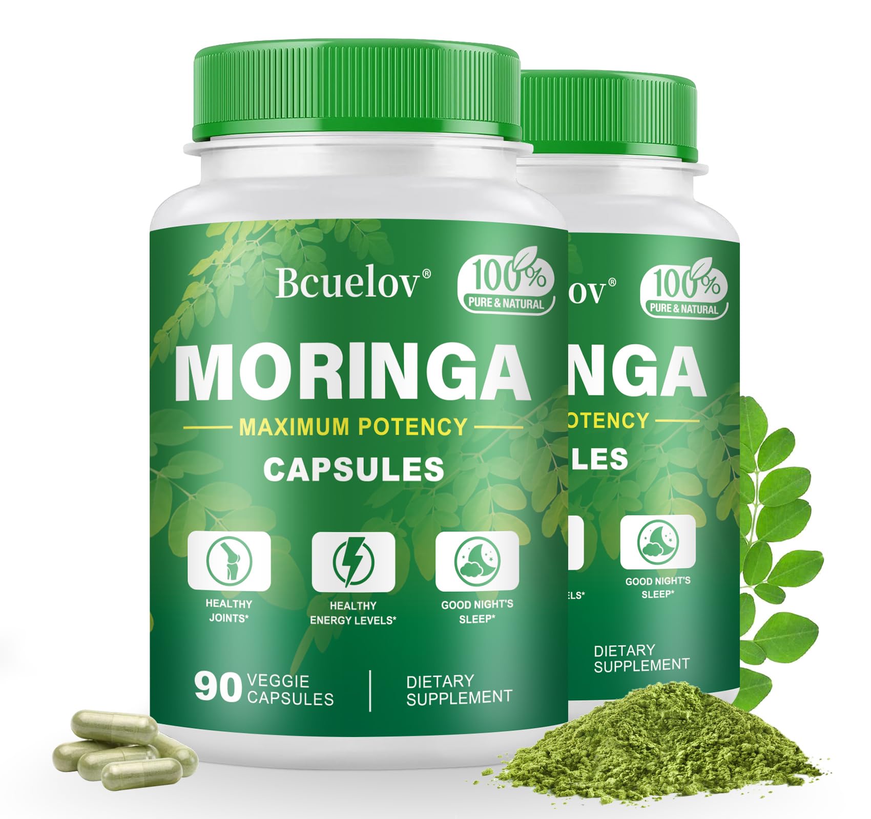 Bcuelov Moringa capsules bottle front view, highlighting 800 mg capsules for energy support.
