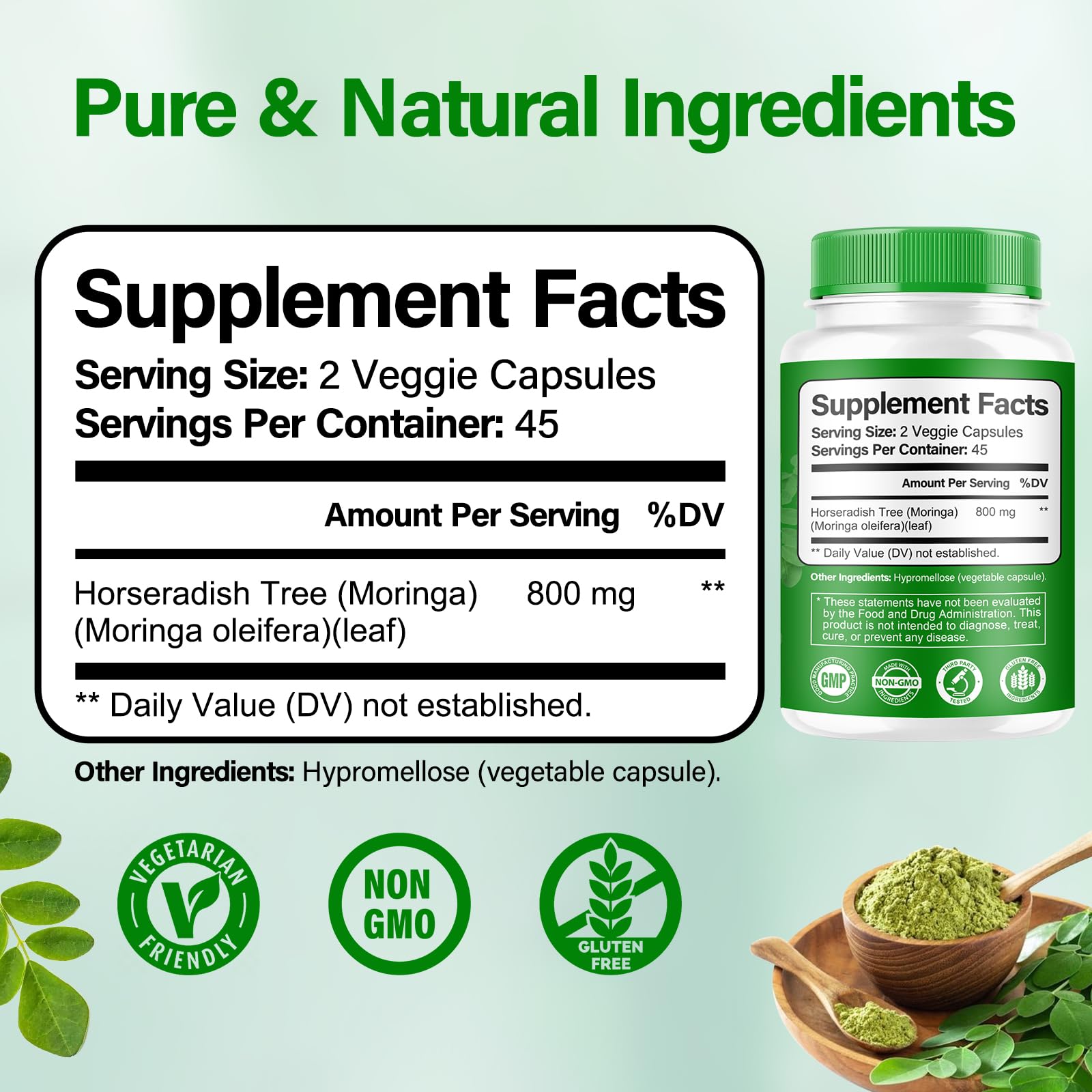 Bcuelov Moringa capsules bottle side view emphasizes compact daily immune-boosting supplement.