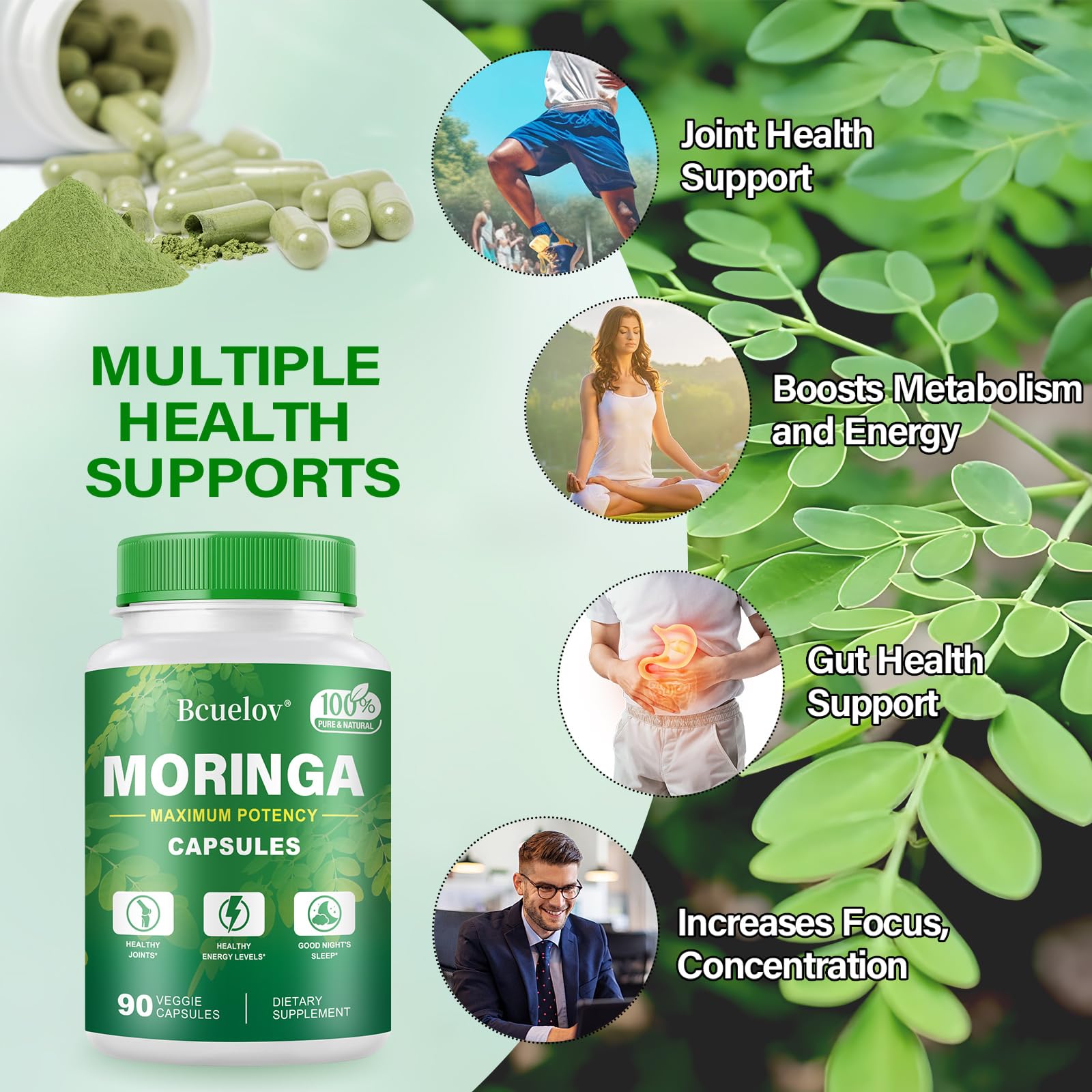 Bcuelov Moringa capsules capsule closeup reveals 800 mg powder for convenient use.