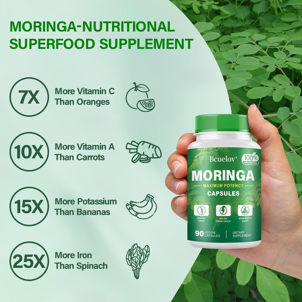 Bcuelov Moringa capsules daily-use scene with glass of water and calm energy.