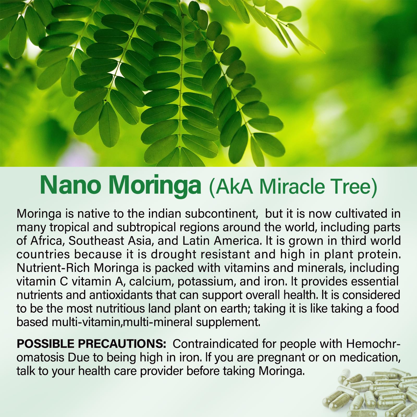 Bcuelov Moringa capsules label closeup shows pure leaf extract for daily nourishment.