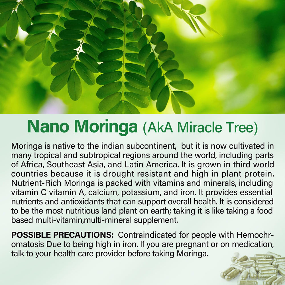 Bcuelov Moringa capsules label closeup shows pure leaf extract for daily nourishment.