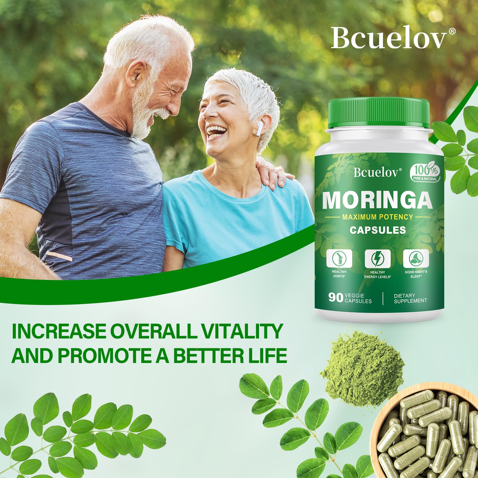 Bcuelov Moringa capsules packaging box features clean design and sustainable materials.
