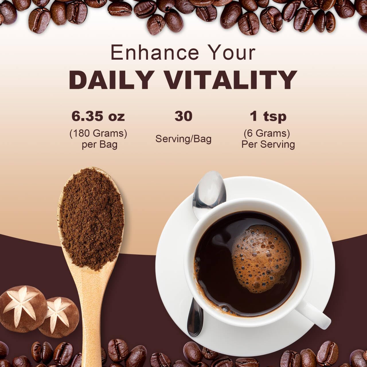 Bcuelov Mushroom Coffee six-adaptogen blend visual with health benefits.