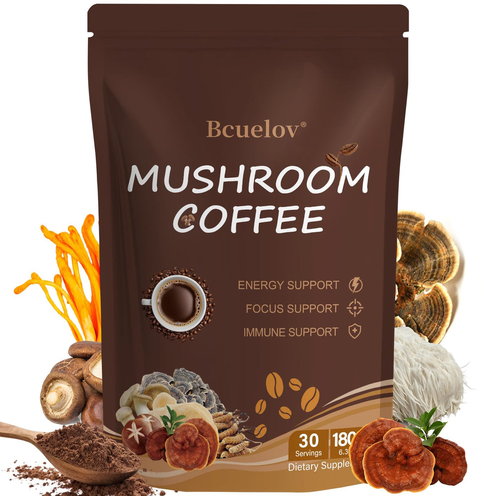 Bcuelov Mushroom Coffee packaging front shows the 6 adaptogenic mushrooms for energy