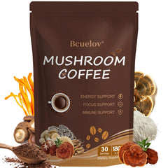 Bcuelov Mushroom Coffee packaging front shows the 6 adaptogenic mushrooms for energy