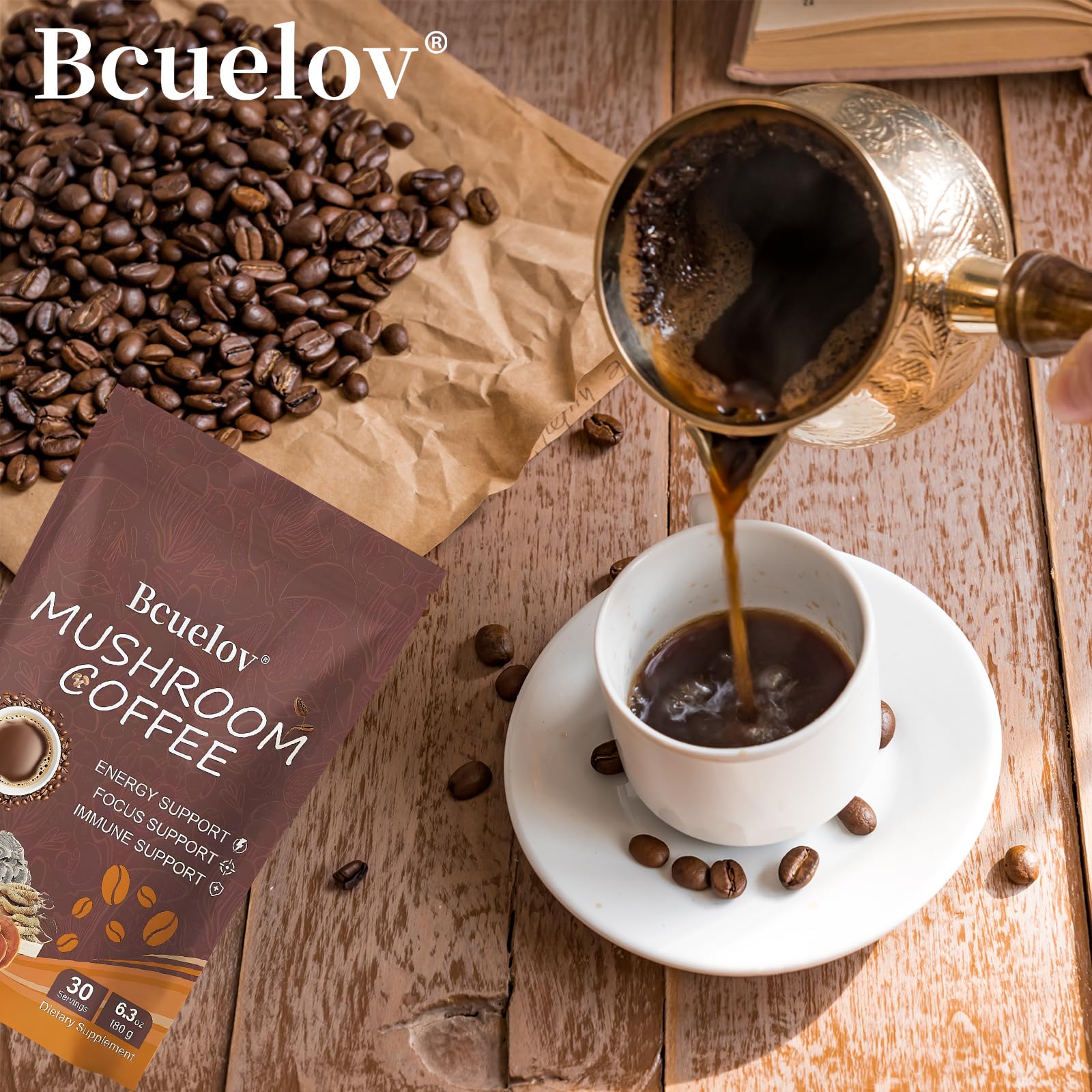Bcuelov Mushroom Coffee packaging highlights gluten-free and vegan-friendly formula.