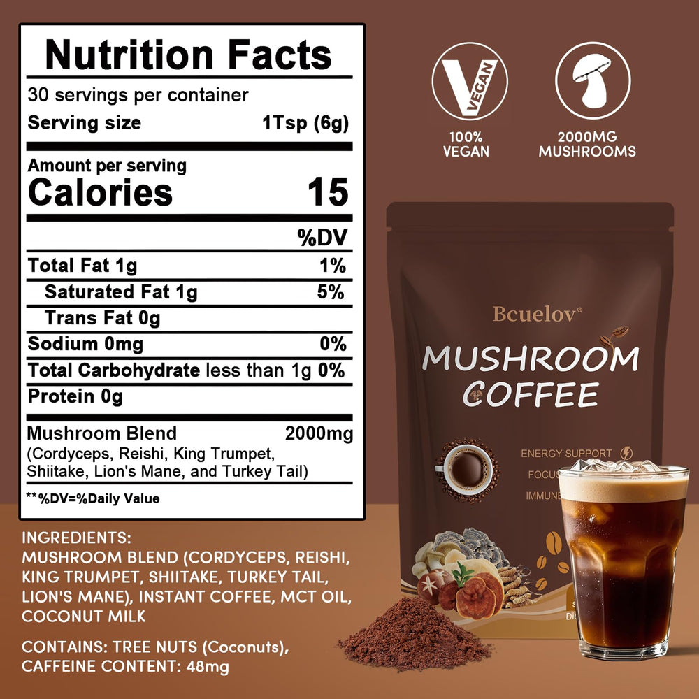 Bcuelov Mushroom Coffee powder with scoop ready for quick boosting