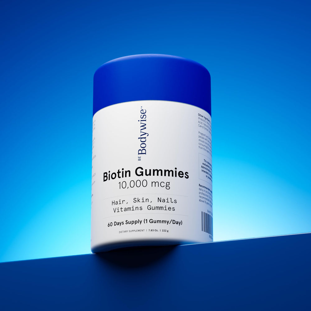 Women focused Be Bodywise Biotin gummies branding for daily beauty routines.