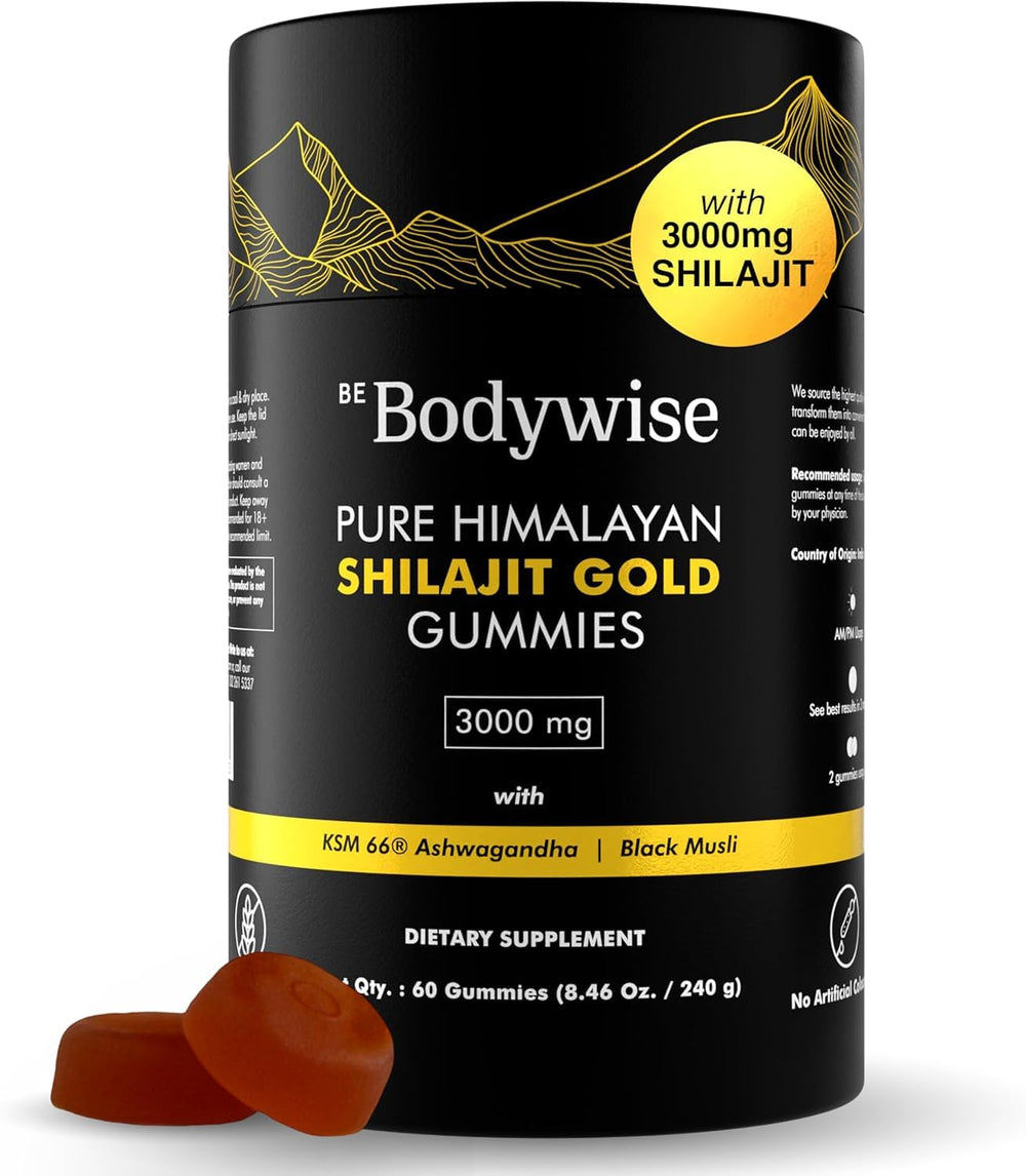 Be Bodywise Shilajit Gummies jar shows premium energy support.