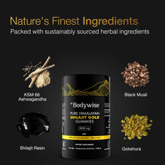 Be Bodywise Shilajit Gummies label highlights clean formula for vitality.