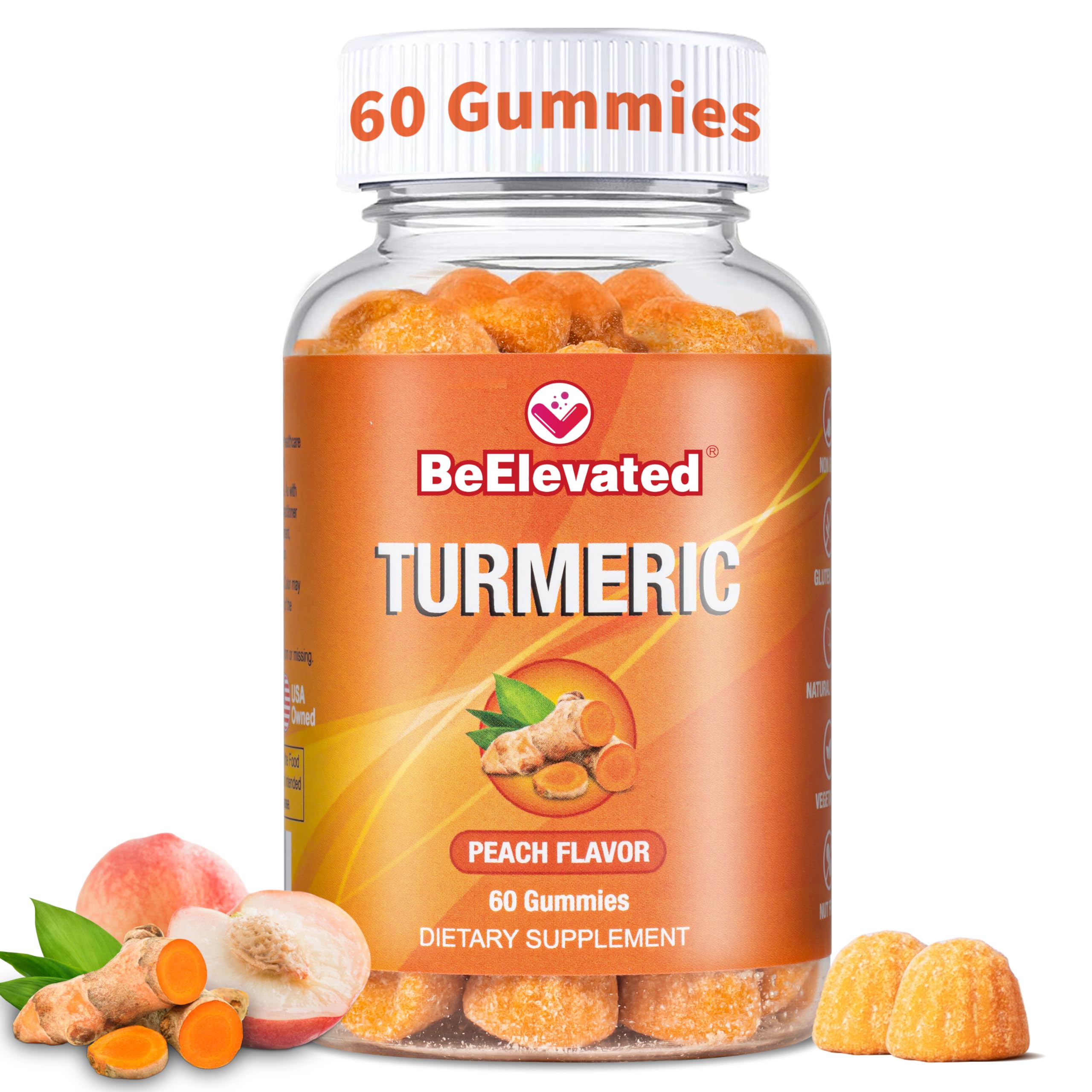 BeElevated Curcumin Turmeric Gummies bottle with peach flavor supports daily wellness.