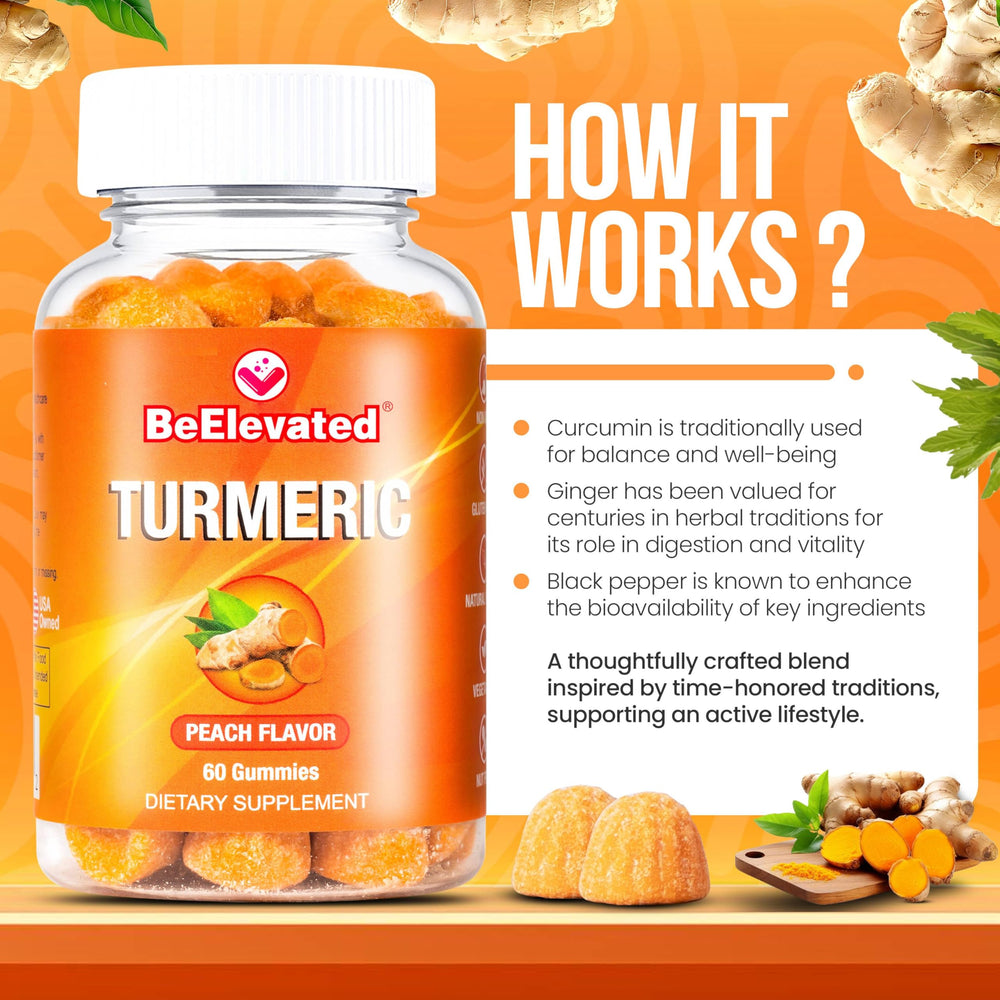 BeElevated Curcumin Turmeric Gummies peach gummies arranged on a tray for daily enjoyment.