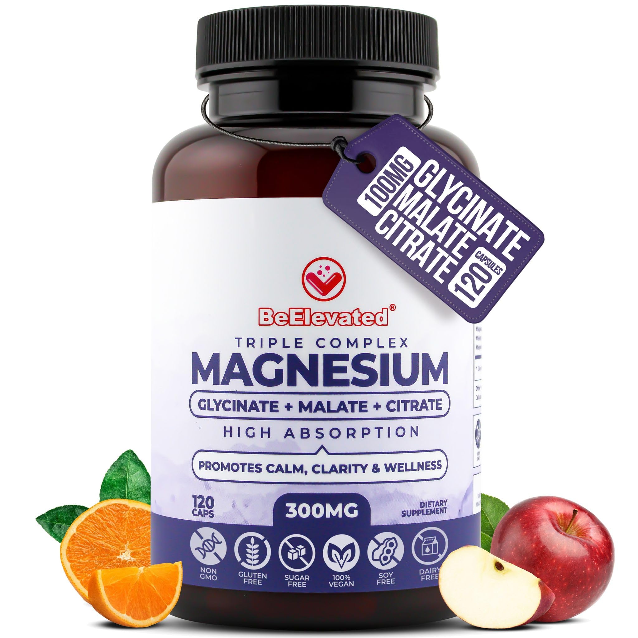 BeElevated triple magnesium bottle on counter highlighting vegan formula for daily use
