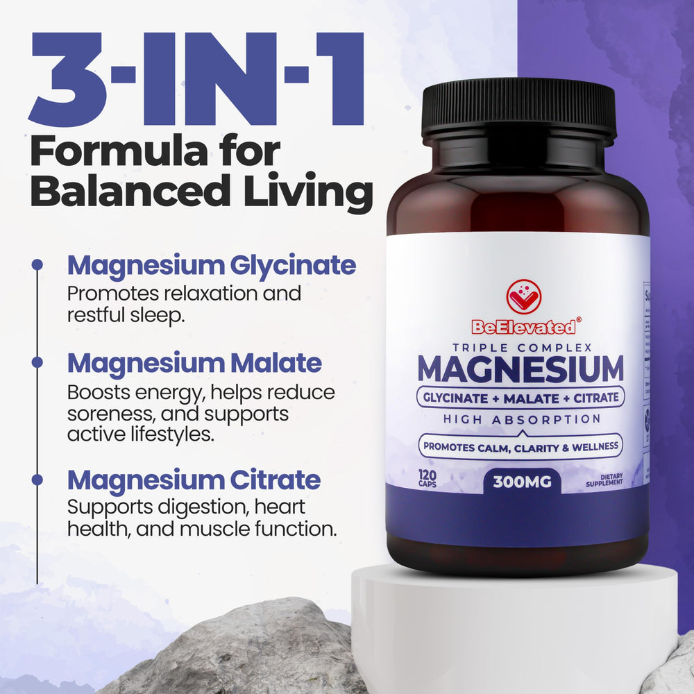 BeElevated bottle label highlighting glycinate, citrate and malate blend for calm and energy