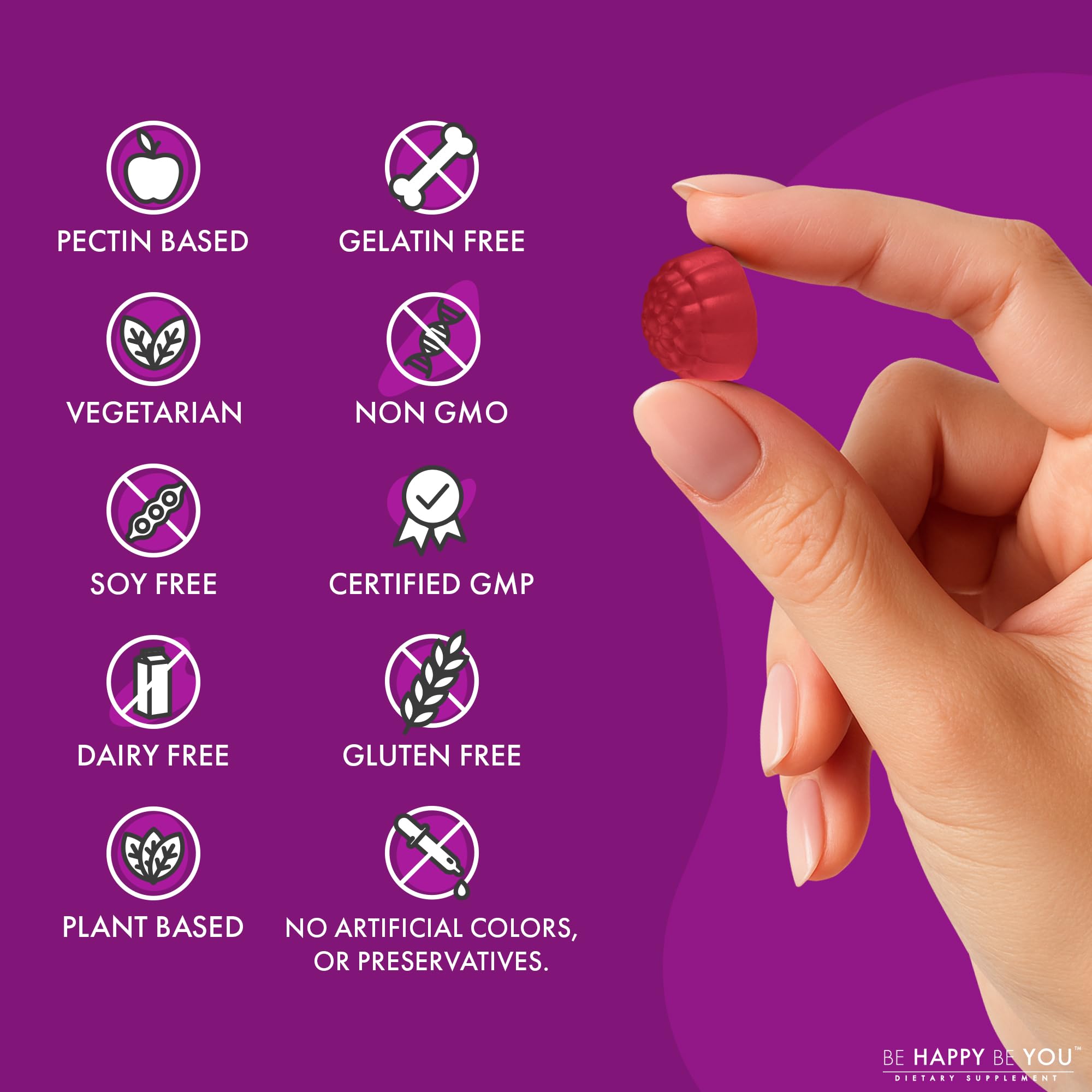 Be Happy Be You beetroot gummies vegan label emphasizes clean-ingredient approach