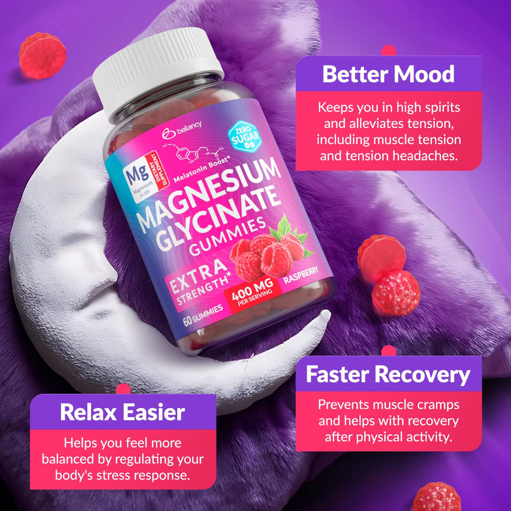 BE&LANCY Raspberry flavor magnesium glycinate gummies close-up with appealing aroma and taste.