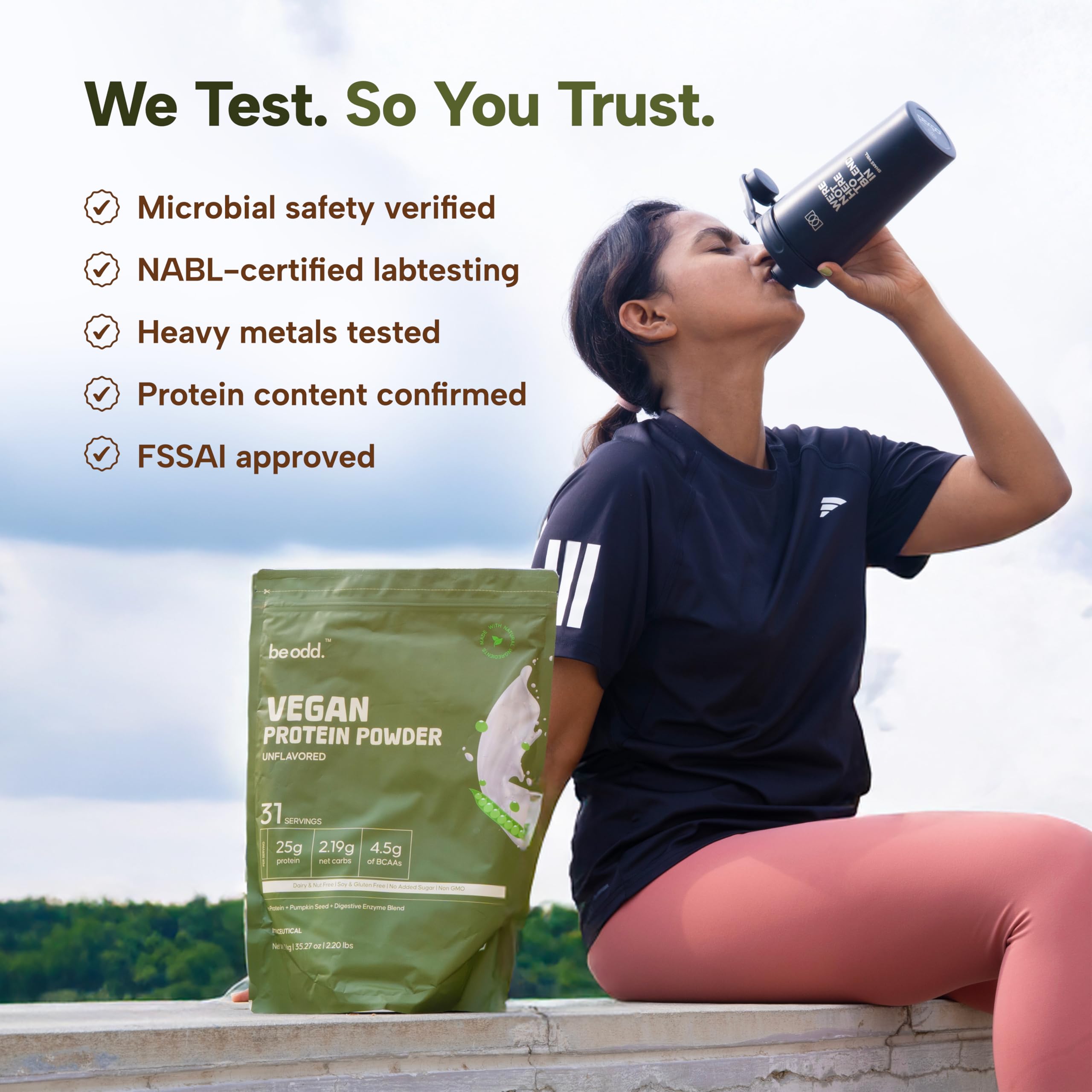 BE ODD Chocolate flavor tub suggests rich plant-based protein