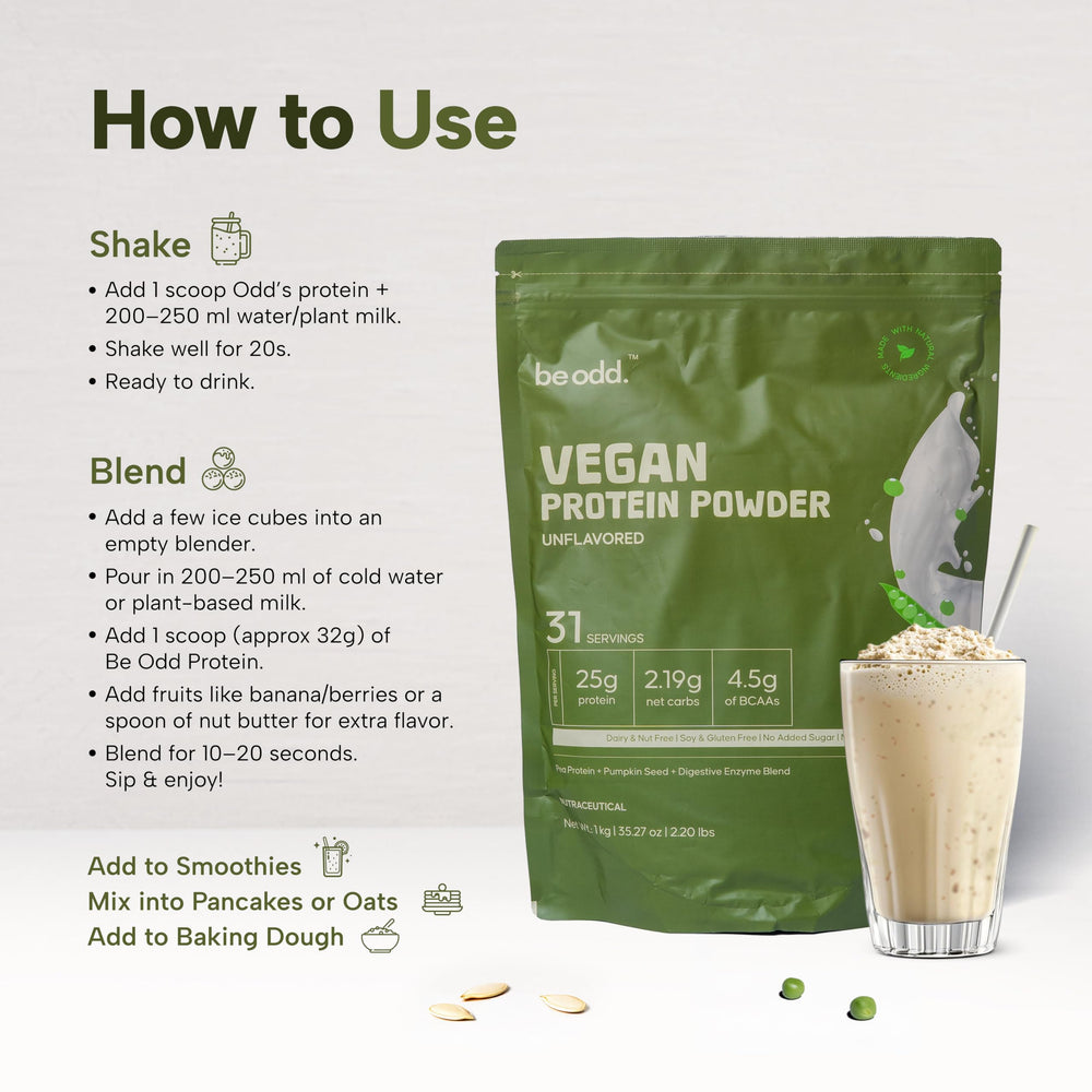Ingredient view shows pea and pumpkin seeds in BE ODD powder