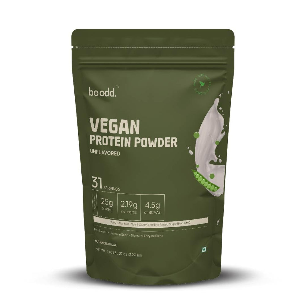 BE ODD Vegan Protein Powder unflavored bottle, ideal for dairy-free shakes