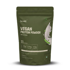 BE ODD Vegan Protein Powder unflavored bottle, ideal for dairy-free shakes