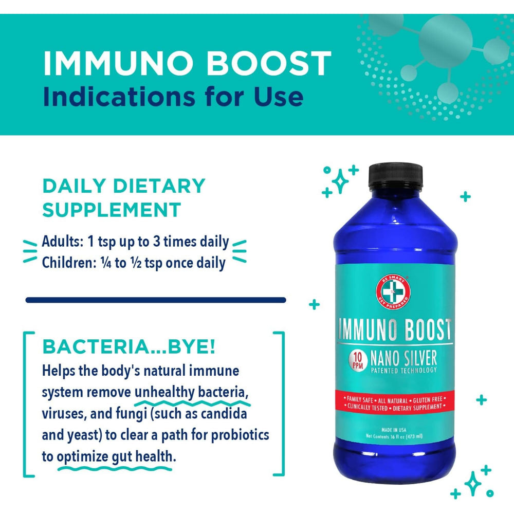 Be Smart Get Prepared Immuno Boost measuring spoon with liquid dosage for adults and children.