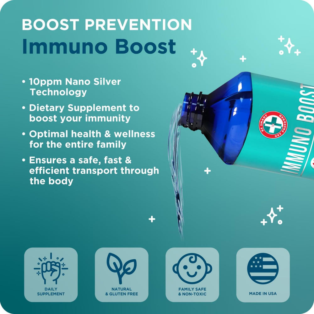 Be Smart Get Prepared Nano Silver Immuno Boost bottle label highlights 10 PPM nano silver technology.