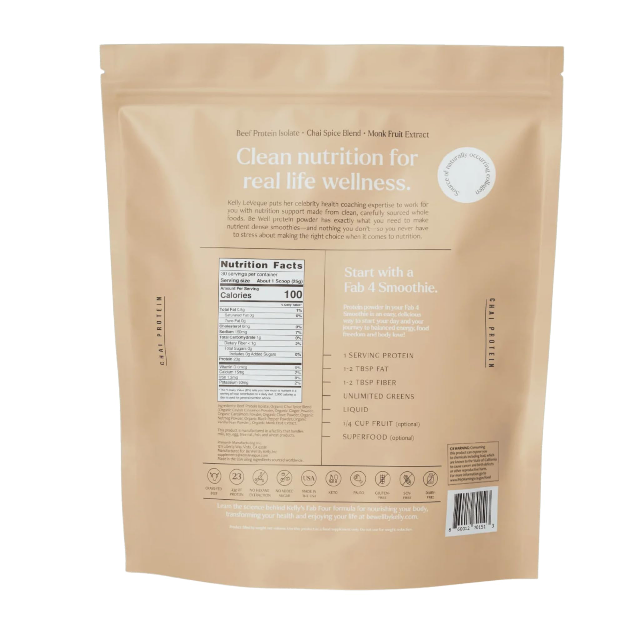 Be Well by Kelly LeVeque chai beef protein powder being poured for quick shakes