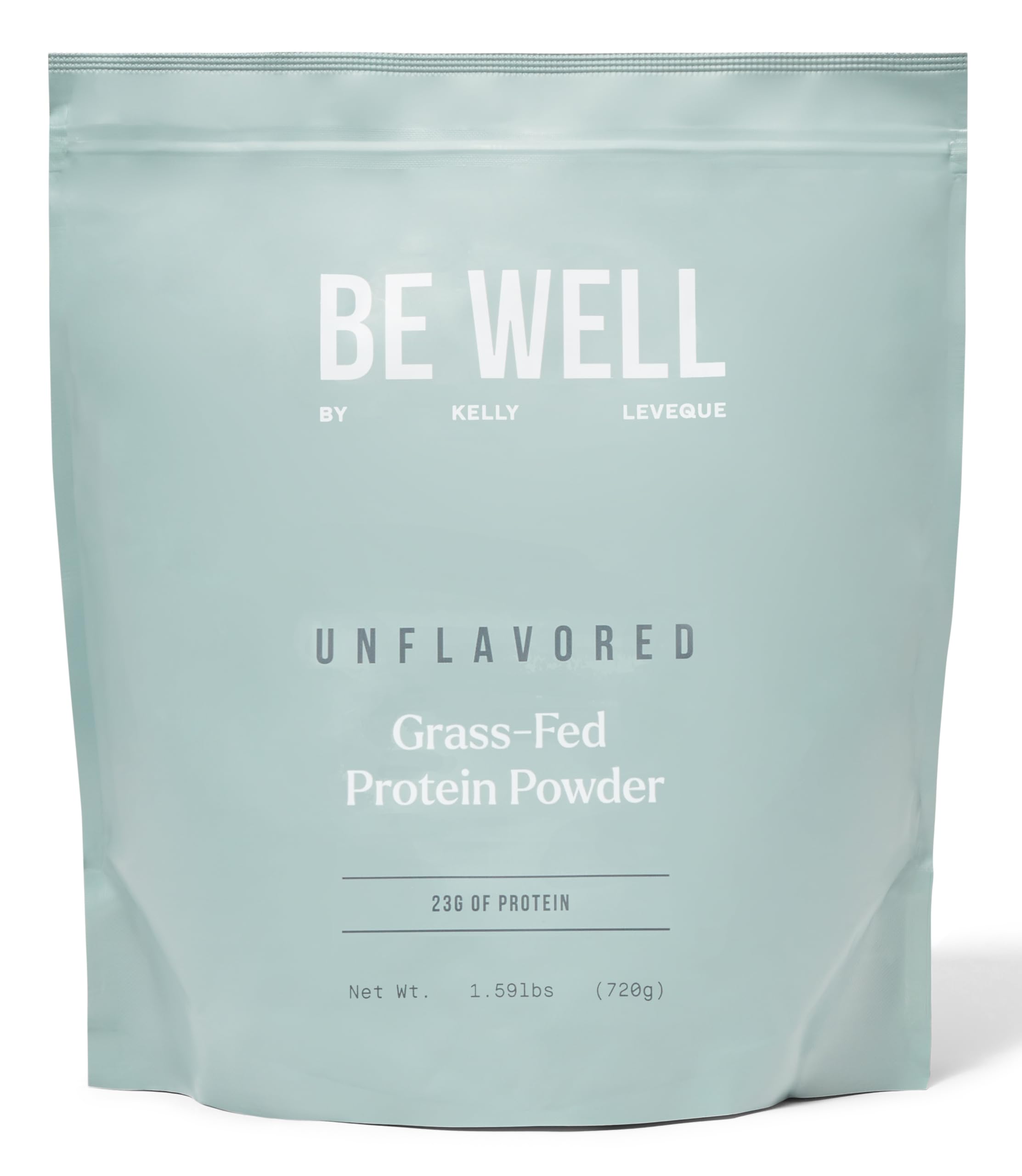 Be Well by Kelly Unflavored Beef Protein Powder bag front showing 23g protein per serving for meals