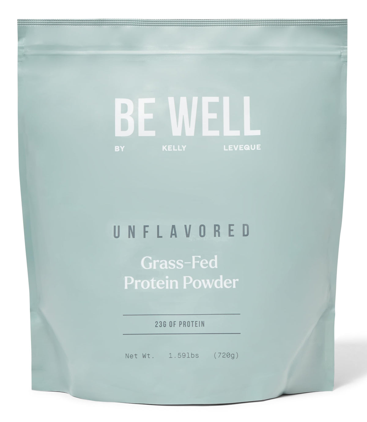 Be Well by Kelly Unflavored Beef Protein Powder bag front showing 23g protein per serving for meals