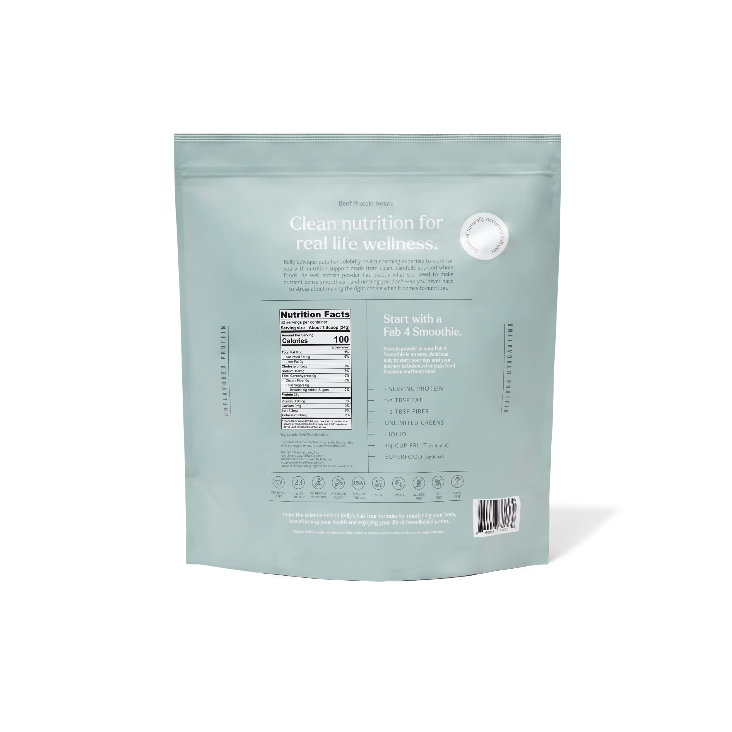 Ingredient label highlights grass-fed beef protein isolate and amino acids