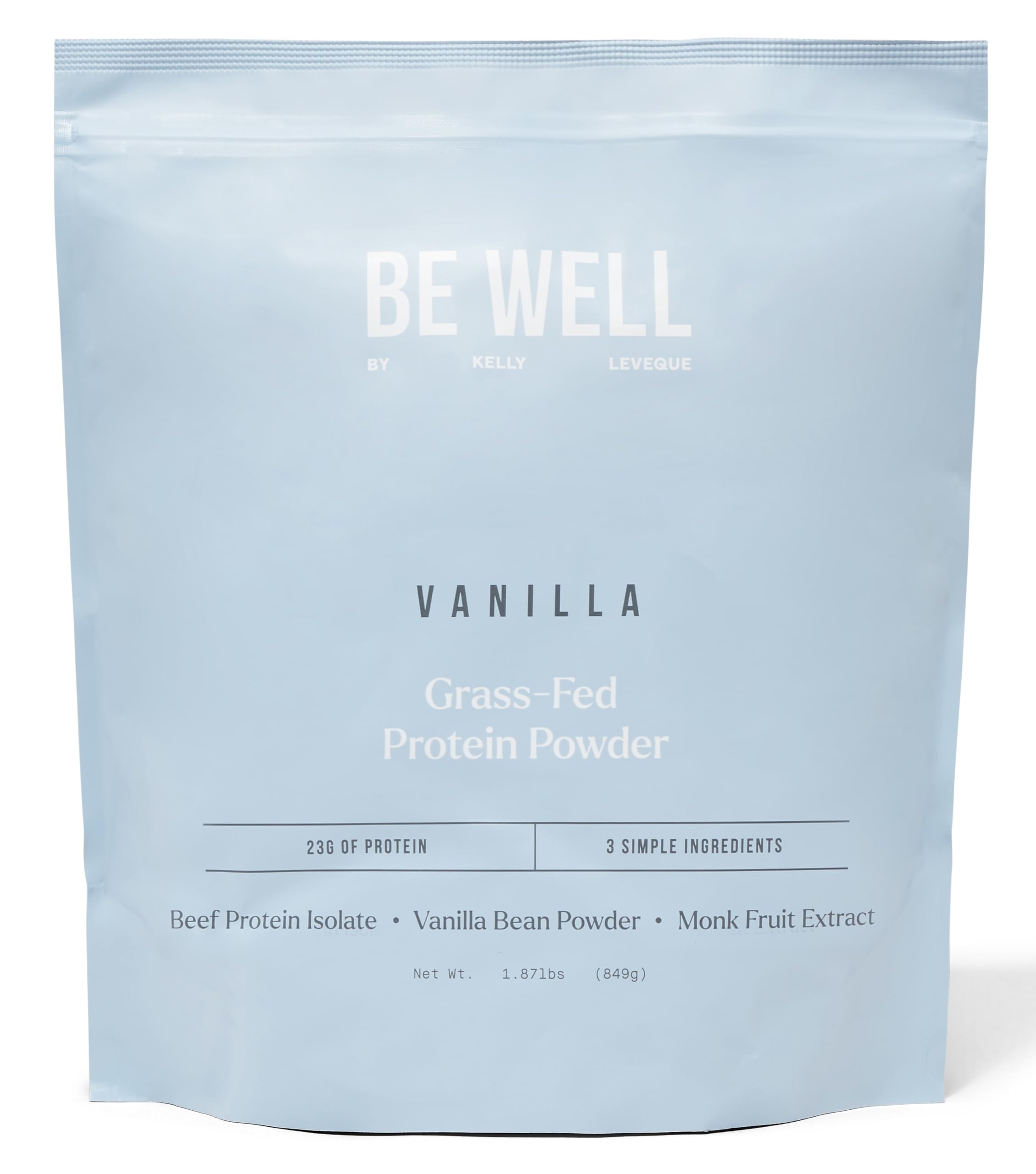 Be Well by Kelly LeVeque vanilla beef protein powder bottle supports easy high-protein fueling.