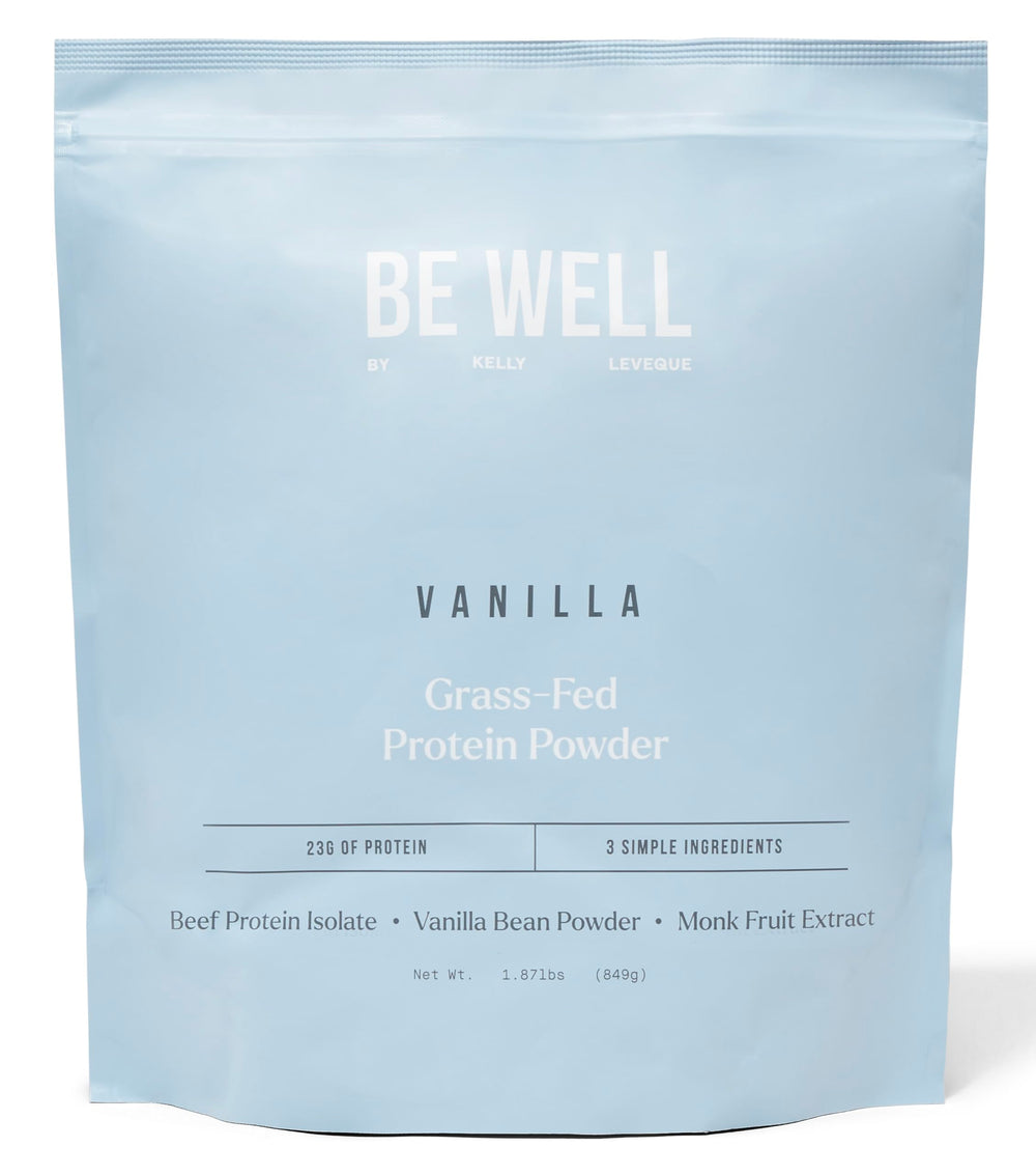 Be Well by Kelly LeVeque vanilla beef protein powder bottle supports easy high-protein fueling.