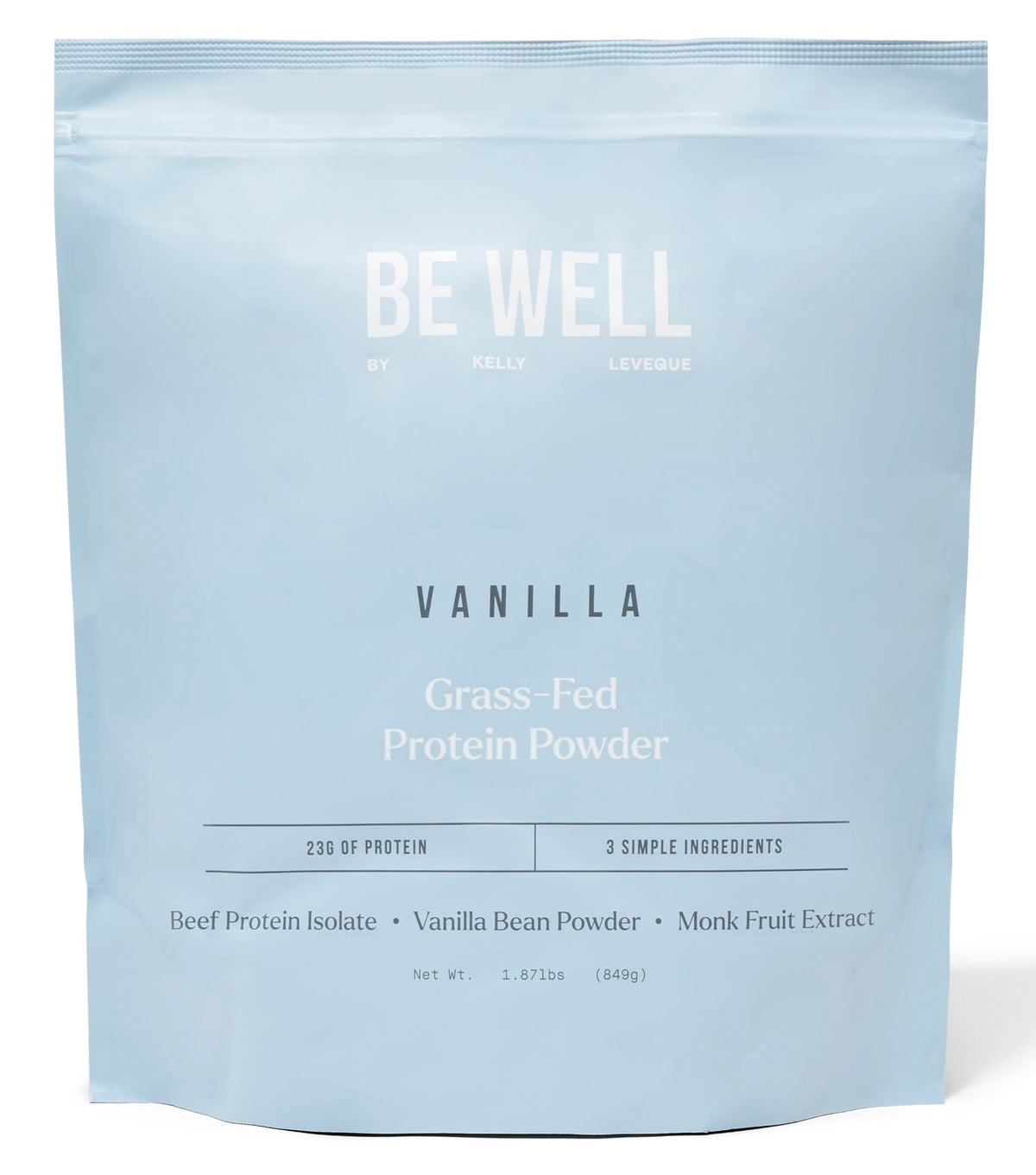 Be Well by Kelly LeVeque vanilla beef protein powder bottle supports easy high-protein fueling.