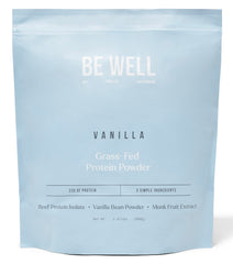 Be Well by Kelly LeVeque vanilla beef protein powder bottle supports easy high-protein fueling.