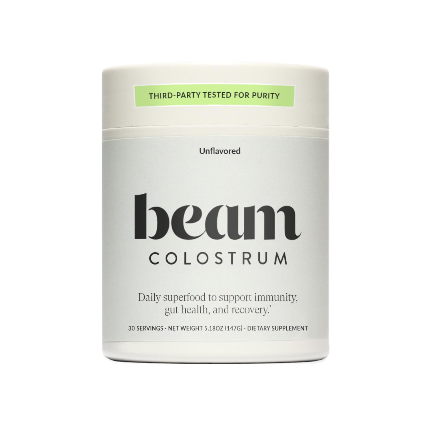 Beam Colostrum Powder 3g serving scoop may support immune health and digestive comfort.