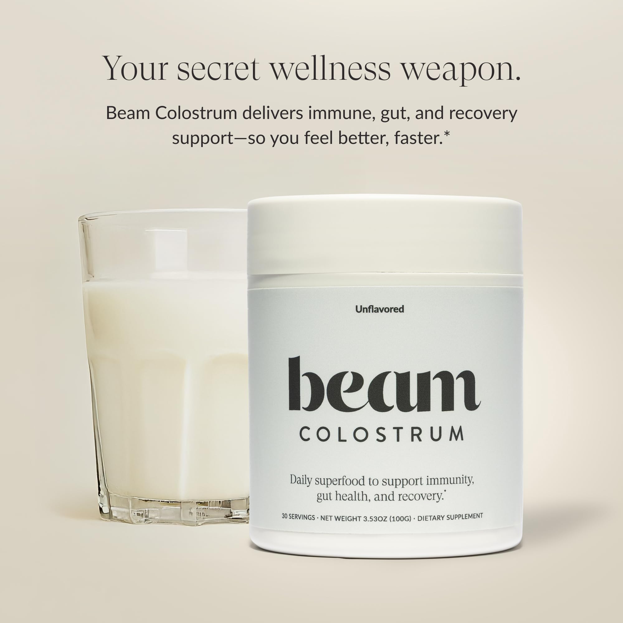 Beam Colostrum Powder grass-fed bottle highlights premium sourcing for daily recovery.