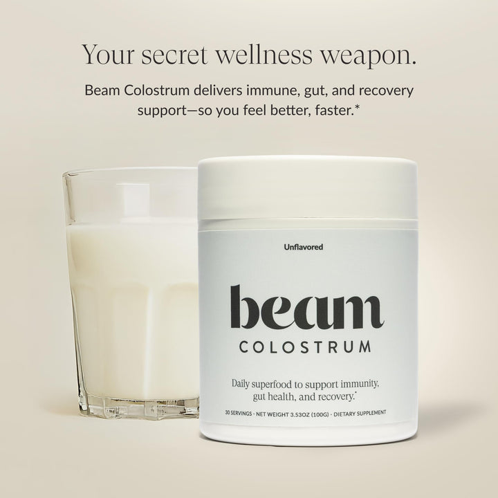 Beam Colostrum Powder grass-fed bottle highlights premium sourcing for daily recovery.