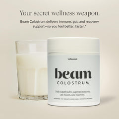 Beam Colostrum Powder grass-fed bottle highlights premium sourcing for daily recovery.