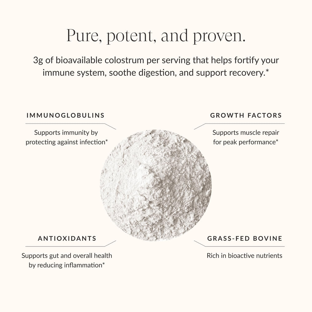 Beam Colostrum Powder gut health glass suggests soothing digestive support.